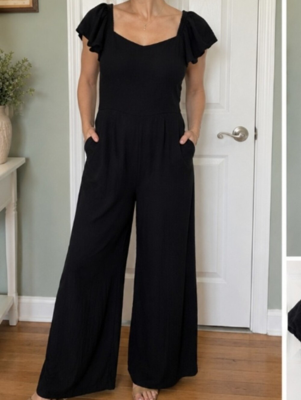 Old Navy Black Wide Leg Jumpsuit Flutter Sleeve Smocked Back Pockets Large